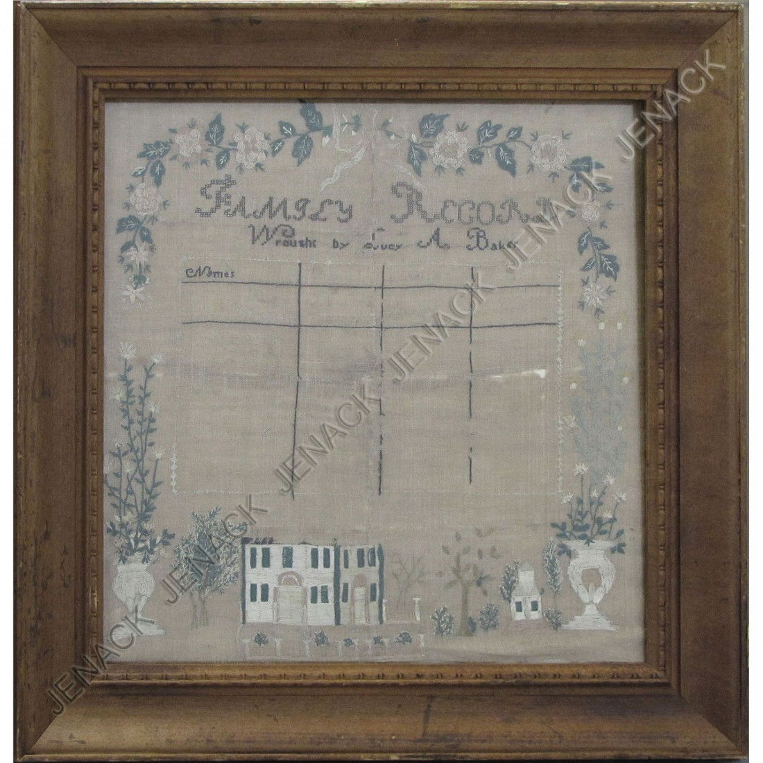 SAMPLER-FAMILY RECORD, "WROUGHT BY LUCY A. BAKER": SAMPLER-FAMILY RECORD, "WROUGHT BY LUCY A. BAKER", 19TH CENTURY. FRAMED & GLAZED 24 X 23"