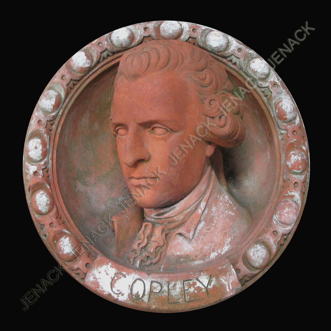 TERRA COTTA ARCHITECTURAL RONDEL: TERRA COTTA ARCHITECTURAL RONDEL, JOHN SINGLETON COPLEY, 19/20TH CENTURY. DIAMETER 22"; APPROXIMATE WEIGHT 100 LBS (SMALL CHIP ON NOSE)