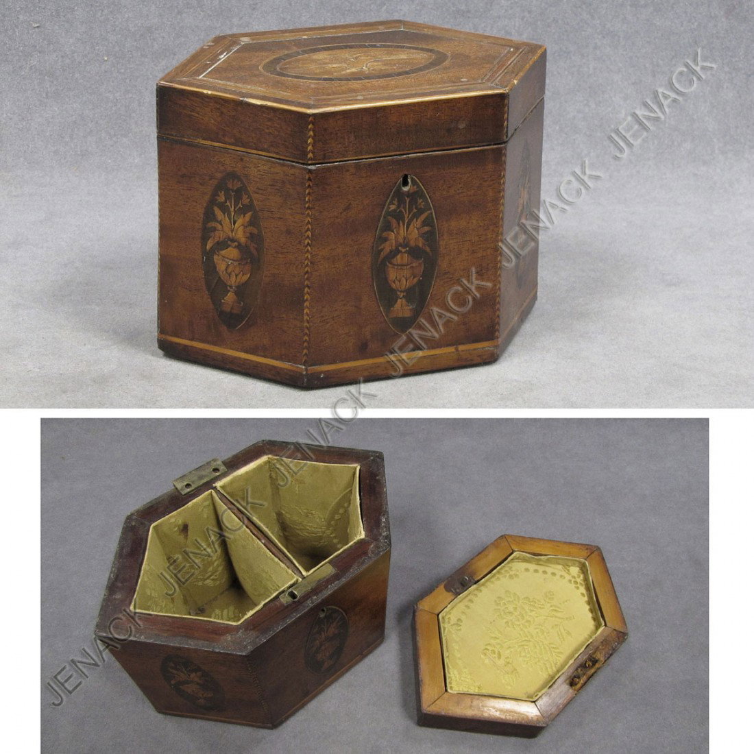 SHERATON MAHOGANY HEXAGONAL-SHAPED SEWING BOX: SHERATON INLAID MAHOGANY HEXAGONAL-SHAPED SEWING BOX, C.1815. HEIGHT 5"; LENGTH 7 1/4" (IMPERFECT/LID LOOSE)