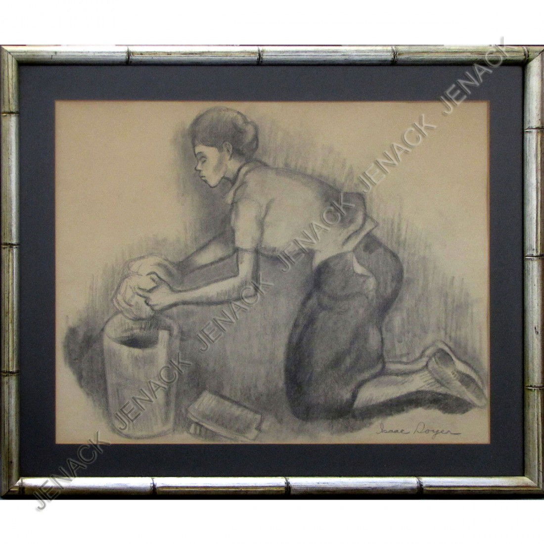 ISAAC SOYER (AMERICAN NYC 1902-1981), LITHOGRAPH: ISAAC SOYER (AMERICAN NYC 1902-1981), LITHOGRAPH, CLEANING, SIGNED. SIGHT 17 1/2 X 21 1/2"; FRAMED AND GLAZED-23 X 27"