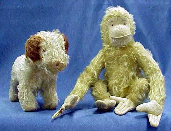 VINTAGE MOHAIR TOYS INCLUDING DOG & MONKEY: LOT (2) VINTAGE MOHAIR TOYS INCLUDING DOG & MONKEY HEIGHT 6 1/2" & 8 1/2"