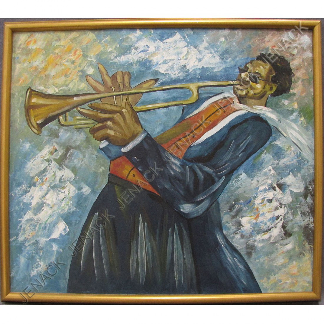 ANTONIS LAOUSIS (GREEK 20TH CENTURY), OIL : ANTONIS LAOUSIS (GREEK 20TH CENTURY), OIL ON CANVAS, "JAZZ PLAYER", SIGNED AND TITLED VERSO 1990. 23 X 25"