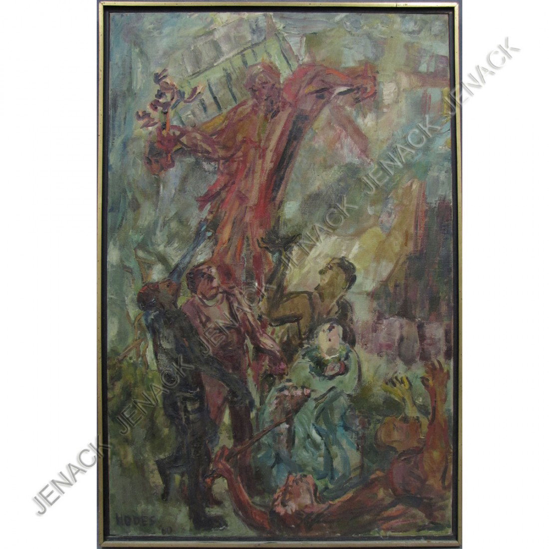 SUZANNE HODES (AMERICAN NYC 1939-), OIL ON CANVAS: SUZANNE HODES (AMERICAN NYC 1939-), OIL ON CANVAS, FIGURE ON A CROSS, SIGNED 1960. 32 X 22"; FRAMED-33 X 23"