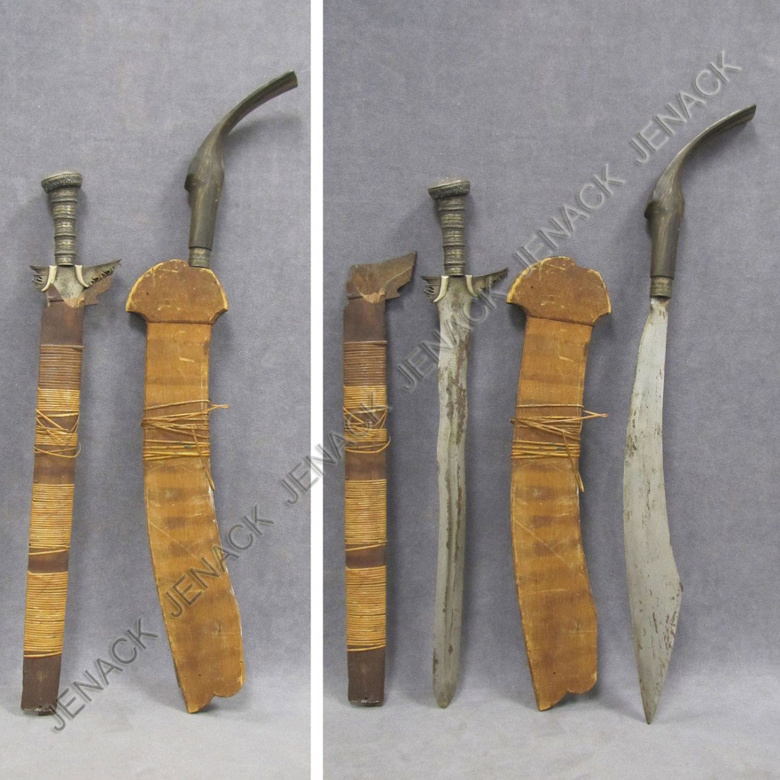 LOT (2) ANTIQUE INDONESIAN KRIS DAGGERS: LOT (2) ANTIQUE INDONESIAN KRIS DAGGERS INCLUDING GOLD INLAID WITH SILVER HANDLE, LENGTH 24"; ANOTHER WITH HORN HANDLE, LENGTH 28"