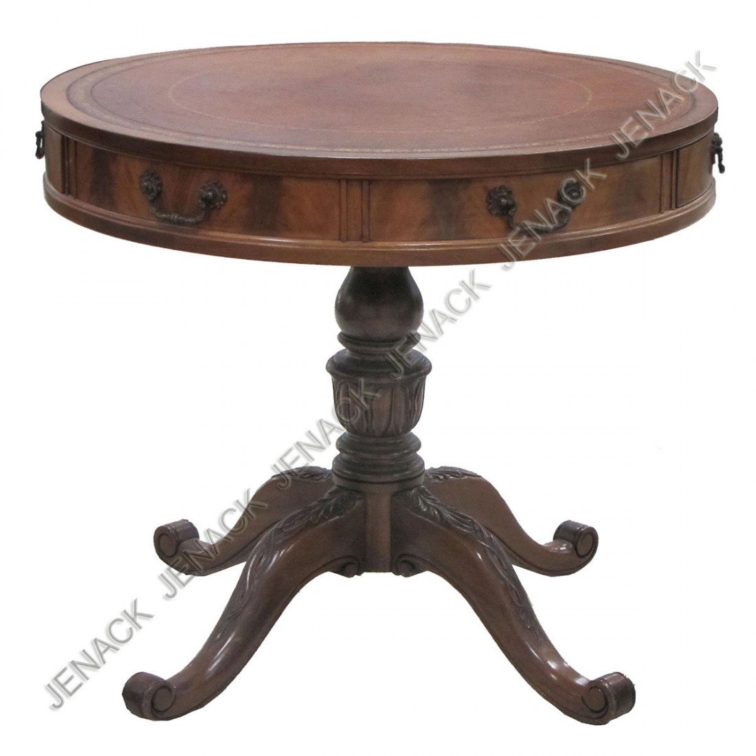 GEORGIAN STYLE WALNUT LEATHER TOP DRUM TABLE: GEORGIAN STYLE CARVED WALNUT LEATHER TOP DRUM TABLE. HEIGHT 29"; DIAMETER 32"