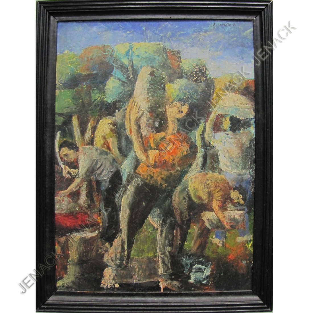 WPA SCHOOL (20TH CENTURY), OIL ON PANEL: WPA SCHOOL (20TH CENTURY), OIL ON PANEL, STONE WORKERS, SIGNED L. CERRATO. FRAMED 25 X 18"