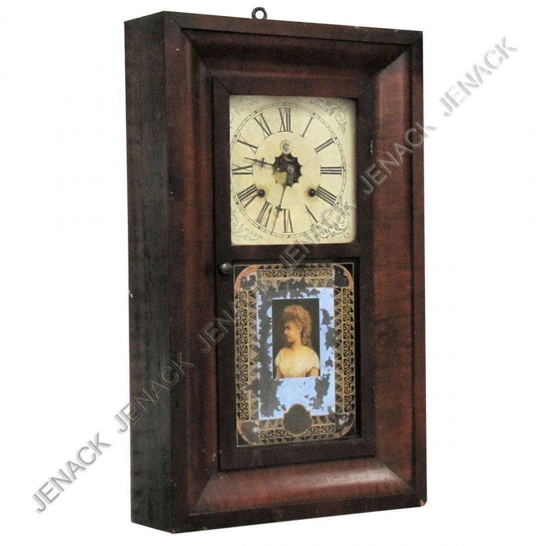 WATERBURY MAHOGANY OGEE CASED SHELF CLOCK: WATERBURY MAHOGANY OGEE CASED SHELF CLOCK WITH ORIGINAL GLASS, 19TH CENTURY. HEIGHT 25"; WIDTH 15"
