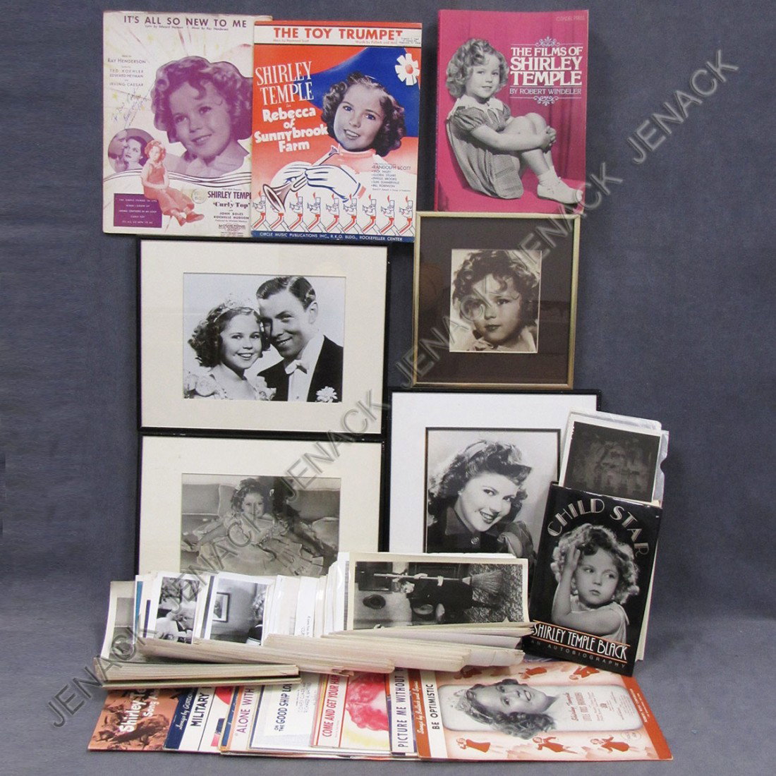 SHIRLEY TEMPLE, LOT INCLUDING (4) PHOTOGRAPHS: SHIRLEY TEMPLE, LOT INCLUDING (4) PHOTOGRAPHS, (16) VINTAGE SHEET MUSIC (1/SIGNED EDWARD HEYMAN), HUNDREDS OF STUDIO STILL PHOTOGRAPHS; VOLUME-CHILD STAR, TEMPLE/BLACK, 1988 (INSCRIBED) ETC.