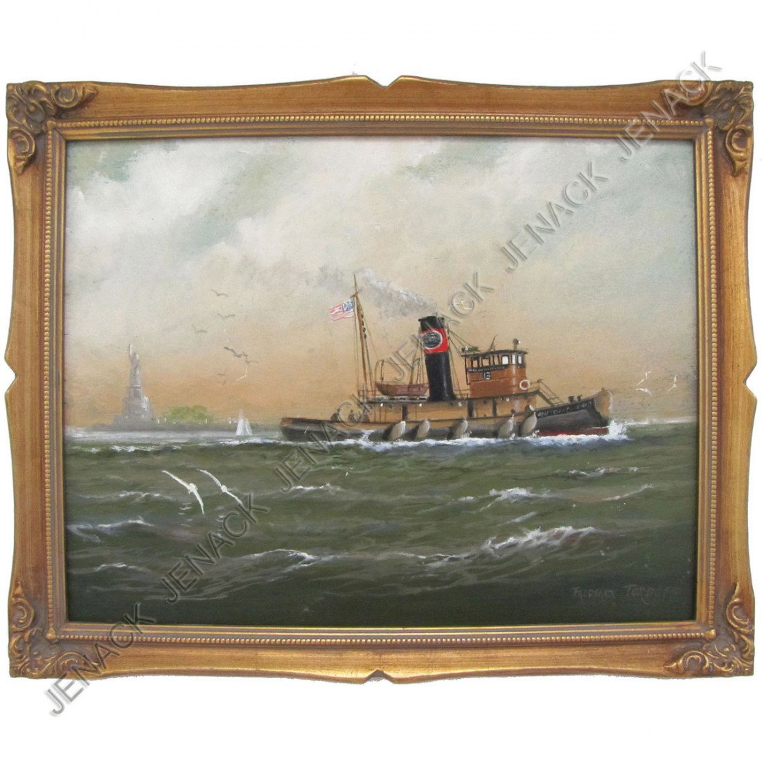 FREDERICK TORDOFF (ANGLO/AMERICAN 20TH CENTURY): FREDERICK TORDOFF (ANGLO/AMERICAN 20TH CENTURY) OIL ON PANEL "TUG NEW YORK CENTRAL NO. 13 IN NEW YORK HARBOR", SIGNED & TITLED. 11 X 14"; FRAMED 13 X 16"