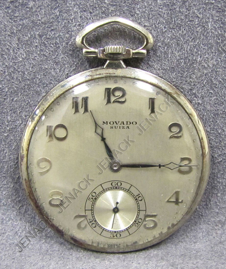 MOVADO 18K/17 JEWEL GEM SET DRESS POCKET WATCH: VINTAGE MOVADO 18K WHITE GOLD 17 JEWEL GEM SET OPEN FACE DRESS POCKET WATCH. 42MM PROVENANCE: SOTHEBY'S NYC NOV 18, 1993, LOT #46