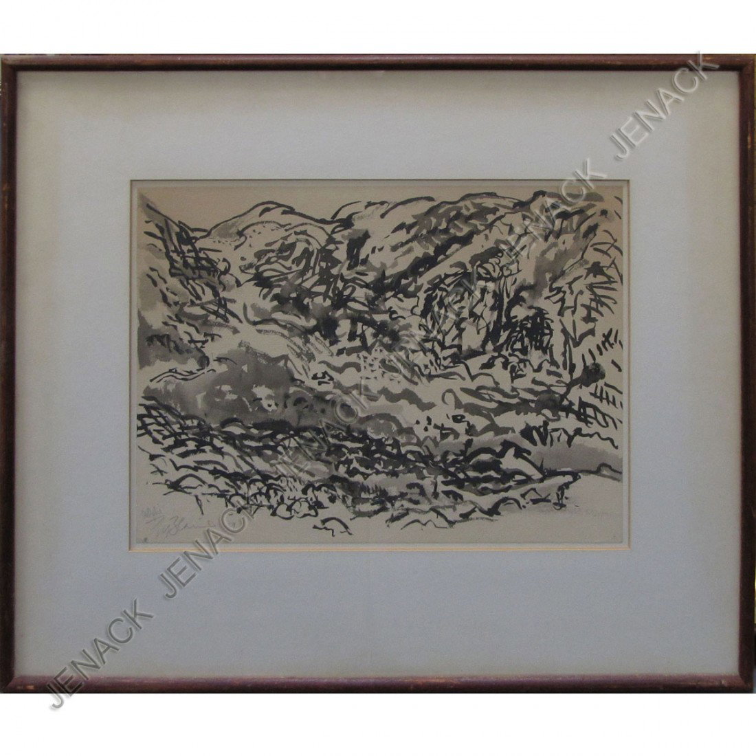 NELL BLAIR WALDEN BLAINE (AMERICAN NY 1922-1996): NELL BLAIR WALDEN BLAINE (AMERICAN NY 1922-1996), INK AND BRUSH, "DELPHI-PARNASSUS, GREECE", SIGNED AND TITLED 1959. SHEET 9 X 12"; FRAMED AND GLAZED-16 X 18 3/4"