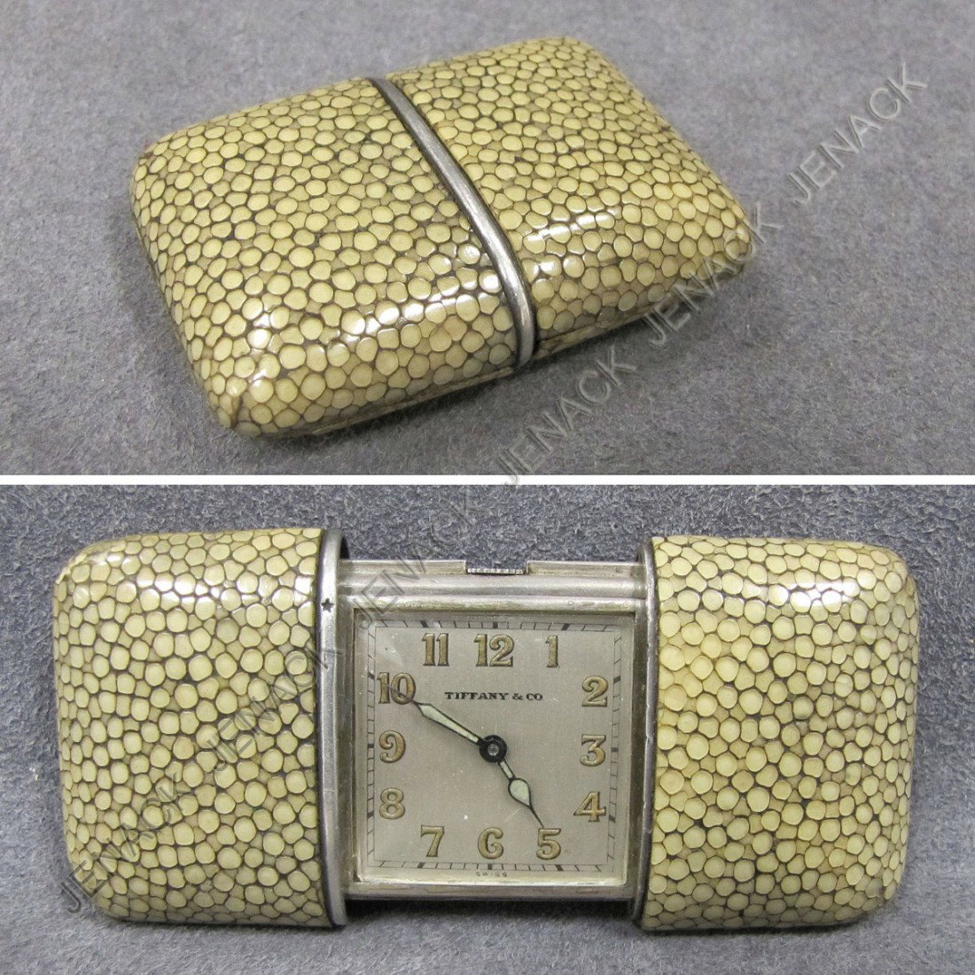 VINTAGE TIFFANY & CO. STERLING TRAVEL WATCH: VINTAGE TIFFANY & CO. STERLING SILVER AND SHAGREEN TRAVEL WATCH