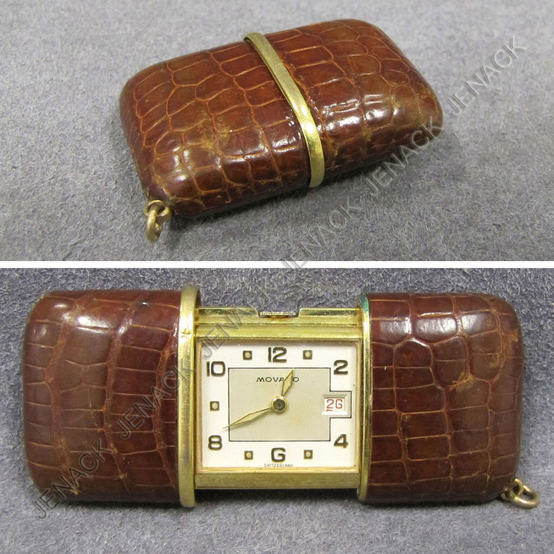 MOVADO ERMETO LEATHER CASED TRAVEL WATCH WITH DATE: MOVADO ERMETO LEATHER CASED TRAVEL WATCH WITH DATE. PROVENANCE: SOTHEBY'S NYC, NOV. 11, 1995, LOT #172