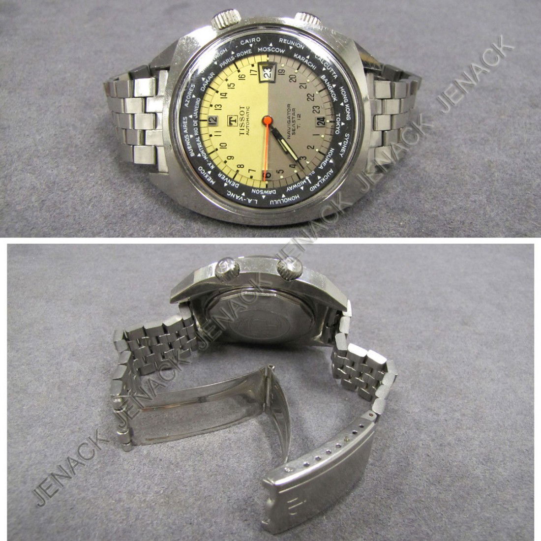 TISSOT STAINLESS NAVIGATOR T-12 WRISTWATCH: VINTAGE TISSOT STAINLESS NAVIGATOR T-12 (WORLD TIME) AUTOMATIC VISODATE WRISTWATCH. 43MM