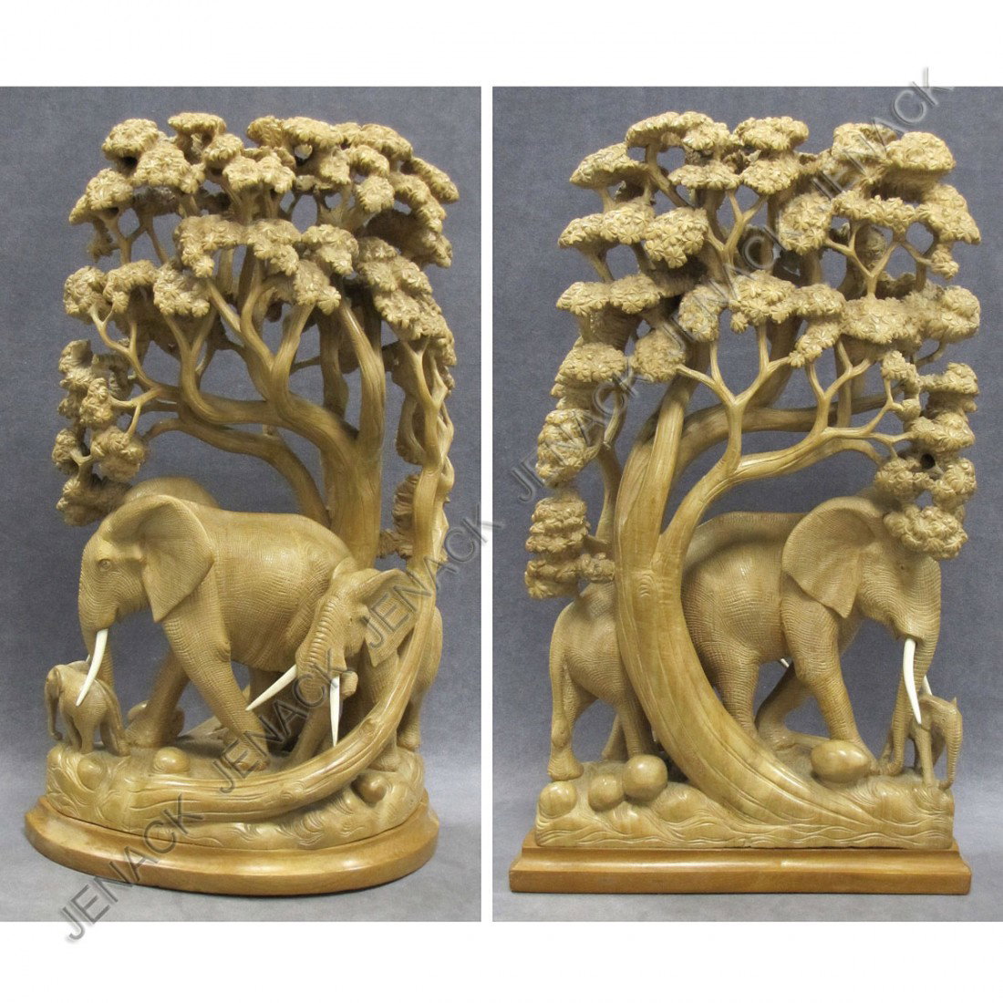 NEPALESE CARVED WOOD GROUP OF ELEPHANTS AND TREE: NEPALESE CARVED WOOD GROUP OF ELEPHANTS AND TREE. HEIGHT 25"