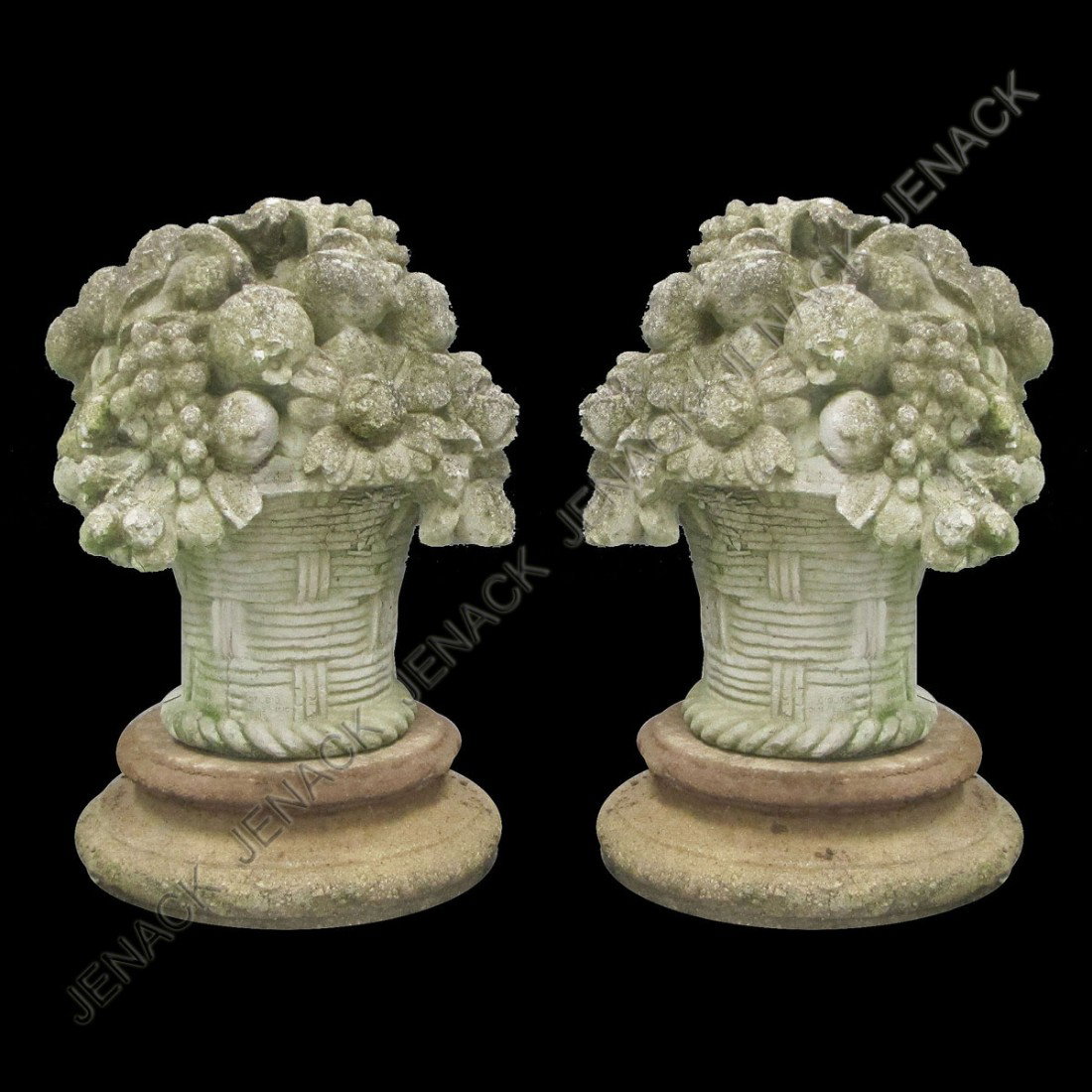 PAIR VINTAGE CAST STONE FRUIT BASKETS WITH PLINTHS: PAIR VINTAGE CAST STONE FRUIT BASKETS WITH PLINTHS. HEIGHT 17"; PLINTH 5"