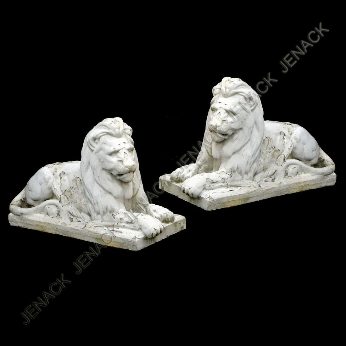PAIR VINTAGE CAST STONE LIONS: PAIR VINTAGE CAST STONE LIONS. LENGTH 27"