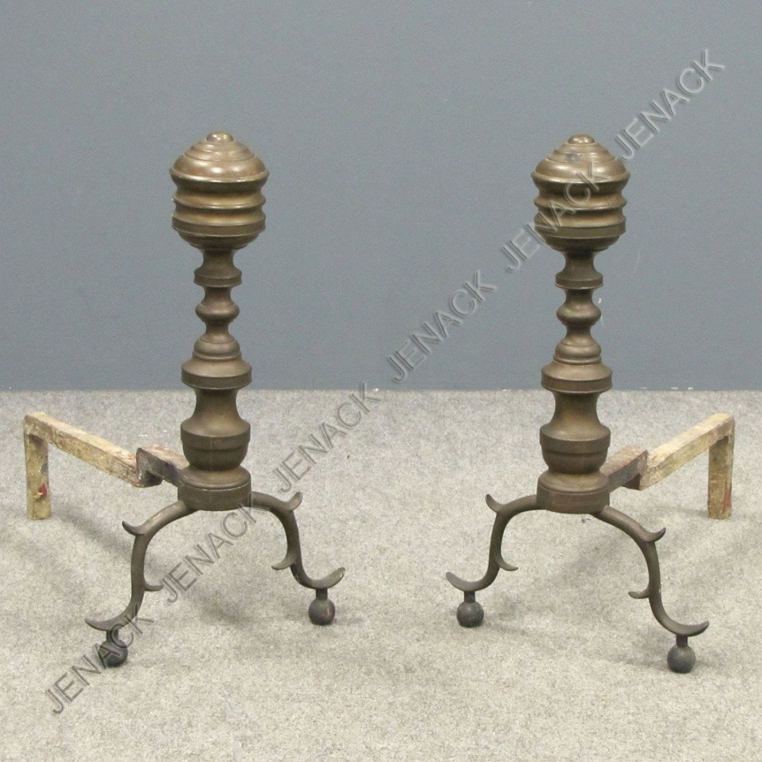 PAIR FEDERAL BRASS ANDIRONS, 19TH CENTURY: PAIR FEDERAL BRASS ANDIRONS, 19TH CENTURY. HEIGHT 20"