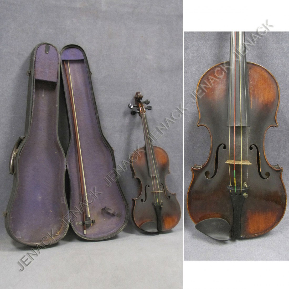 VINTAGE FIGURED MAPLE VIOLIN, ONE-PIECE BACK: VINTAGE FIGURED MAPLE VIOLIN, ONE-PIECE BACK, MARKED REPAIRED BY R.W. SUDERLY, PORT JERVIS, NY 1945 WITH BOW AND HARD CASE. LENGTH 14 1/8"
