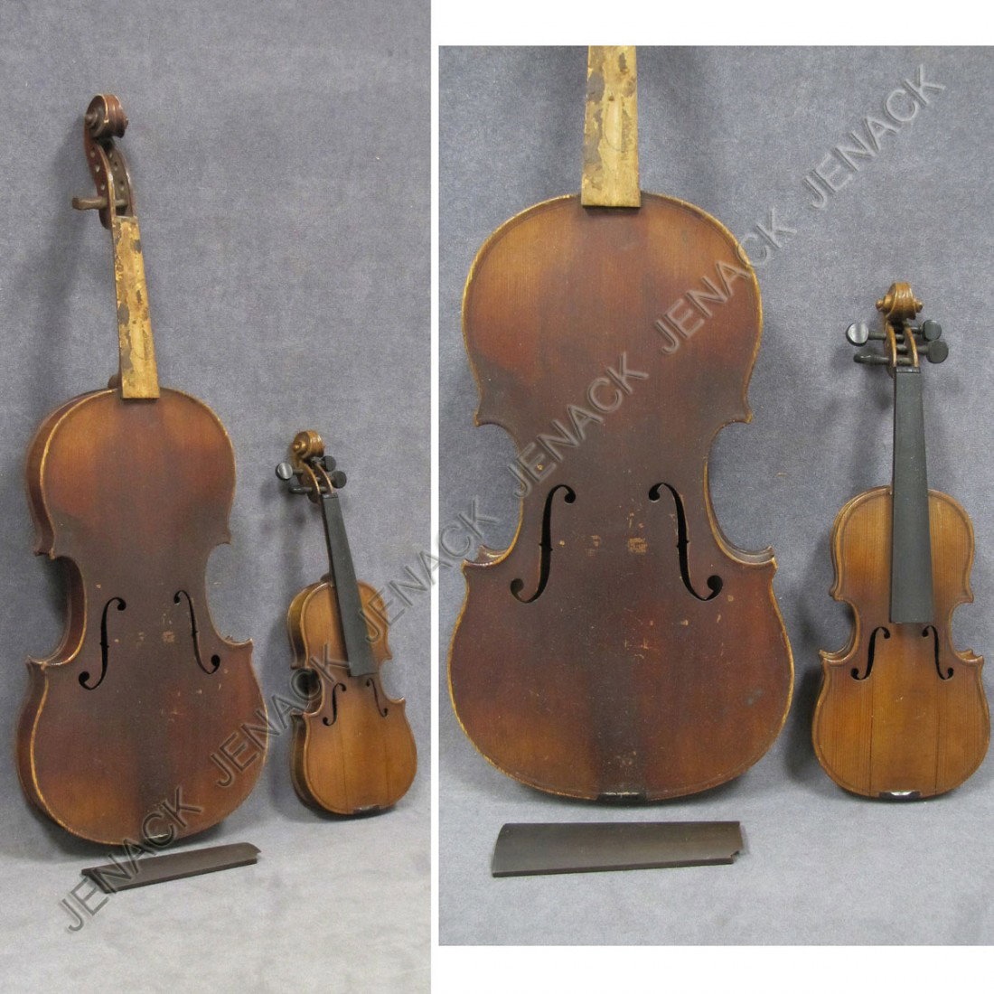 LOT (2) VINTAGE VIOLINS INCLUDING MINIATURE: LOT (2) VINTAGE VIOLINS INCLUDING MINIATURE/SALESMAN'S SAMPLE, UNSIGNED, LENGTH 11 1/2"; "MATHAIS NEUNER, GEIGENMA CHER IN MITTENWALD 1859, NRO 94", LABELED VIOLIN, ONE-PIECE BACK, 19TH CENTURY. LENGT