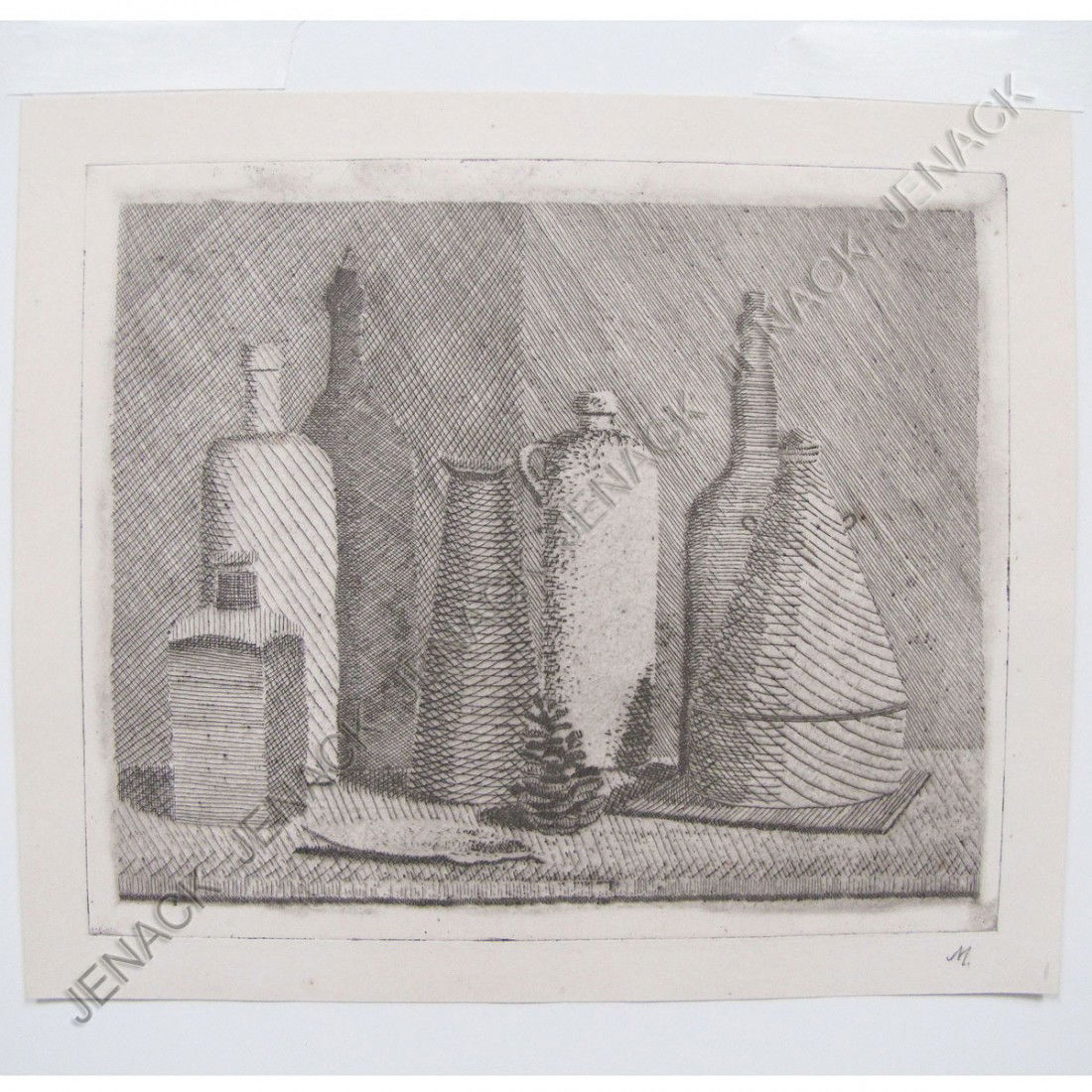 ATTRIBUTED TO GIORGIO MORANDI (ITALIAN 1890-1964): ATTRIBUTED TO GIORGIO MORANDI (ITALIAN 1890-1964), ETCHING, NATURA MORTA CON NOVE OGGETTI, MONOGRAMMED L.R. MARGIN. PLATE 6 3/4 X 8"; SHEET 8 X 9 1/4"