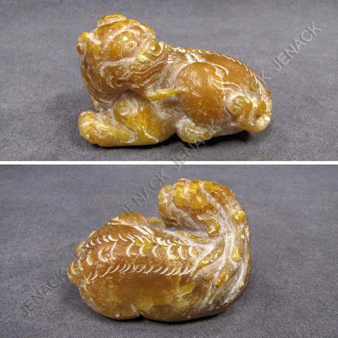 CHINESE CARVED TIEN WANG SOAPSTONE FIGURAL LION: CHINESE CARVED TIEN WANG SOAPSTONE FIGURAL LION, CHING. LENGTH 3 1/4"
