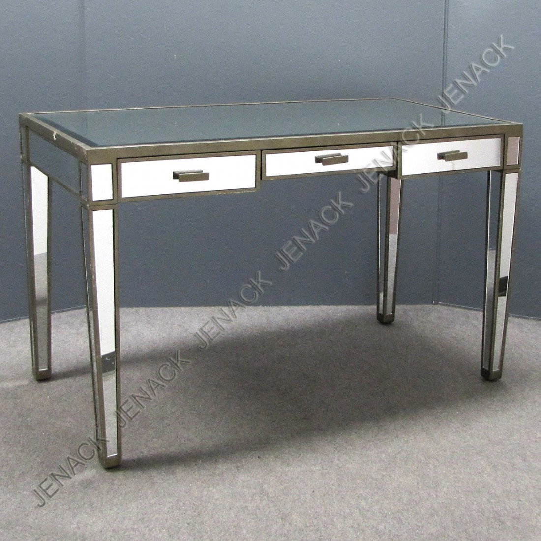 DESIGNER MODERN SILVER LEAF/MIRRORED TABLE: DESIGNER MODERN SILVER LEAF/MIRROR MOUNTED DRESSING TABLE. HEIGHT 30 1/2"; WIDTH 48"