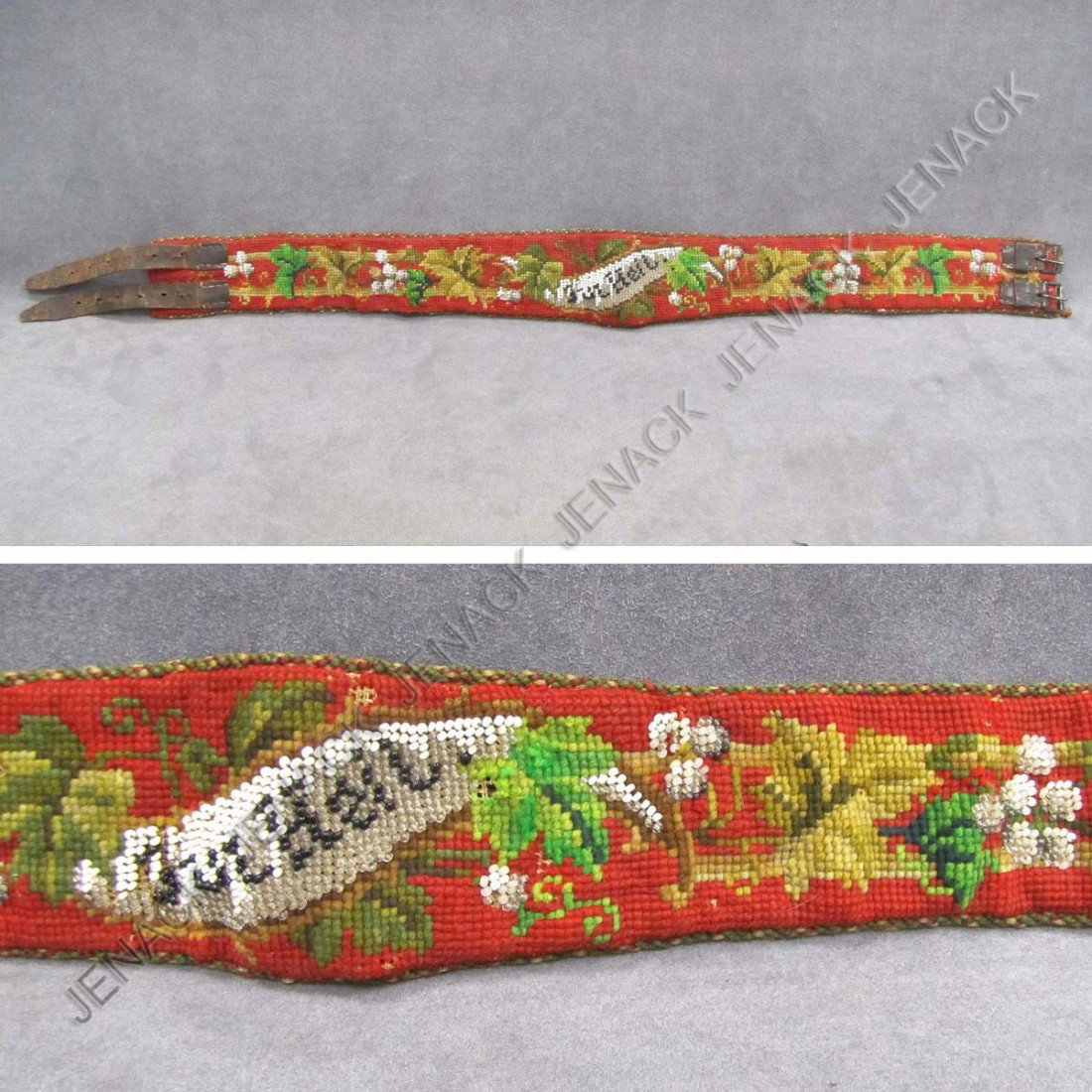 VINTAGE GERMAN NEEDLE POINT/BERLIN WORK BELT: VINTAGE GERMAN NEEDLE POINT/BERLIN WORK BELT, "SIG HEIL". LENGTH 32" (MINOR BEAD LOSS)