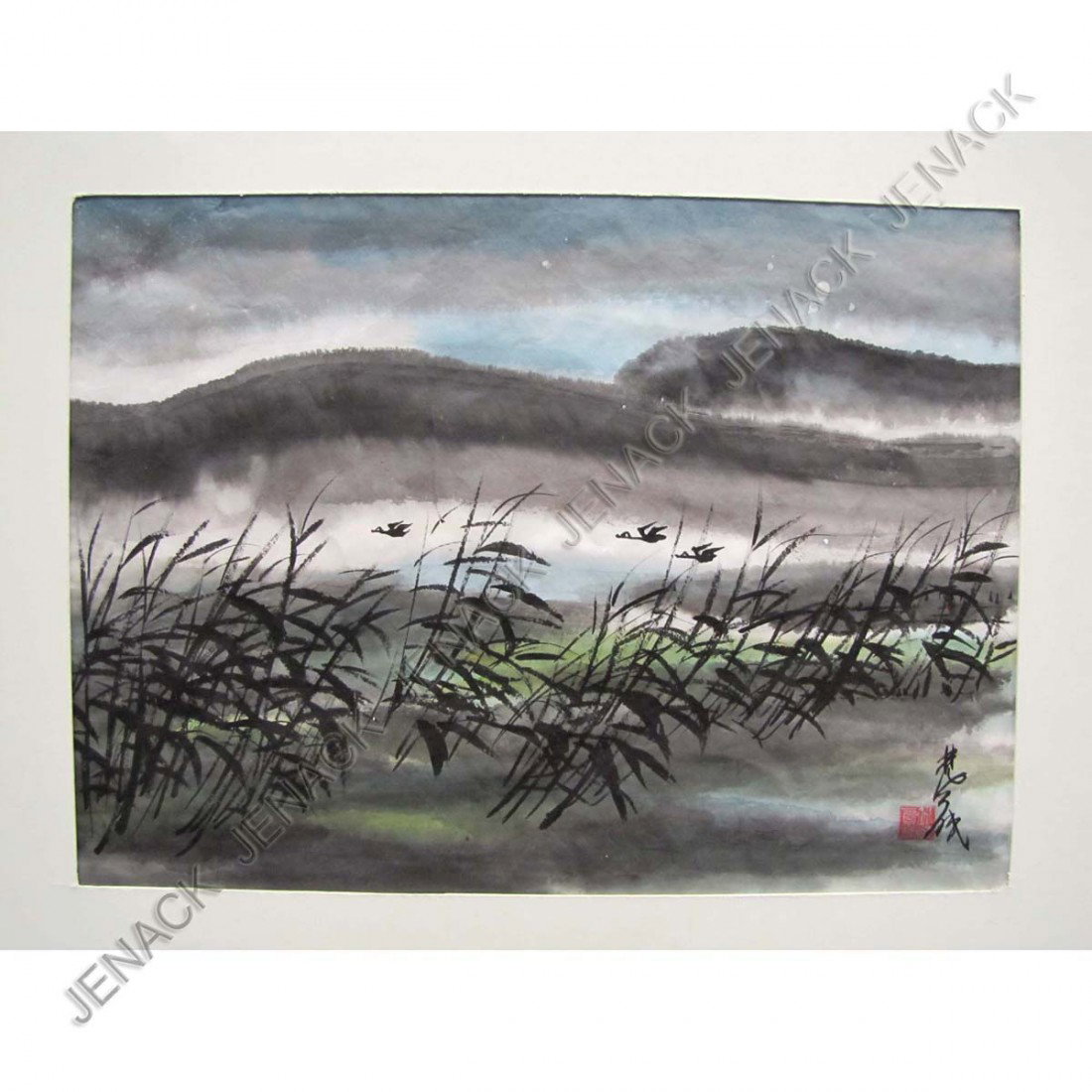 LIN FENG MIAN (CHINESE 1900-1991), INK : LIN FENG MIAN (CHINESE 1900-1991), INK AND WATERCOLOR ON PAPER, GEESE AND RUSHES, SIGNED. SIGHT 13 X 18"