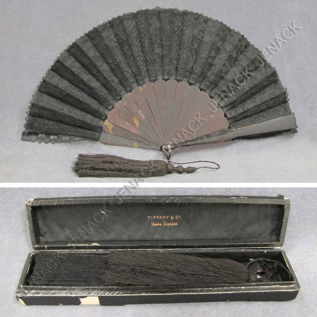 LOT (2) INCLUDING TORTOISE & BLACK LACE FAN: LOT (2) INCLUDING TORTOISE & BLACK LACE FAN, C.1890 WITH ORIGINAL TIFFANY & CO. UNION SQUARE FAN BOX LENGTH 9 1/2" (NYS DEC LICENSE #79)