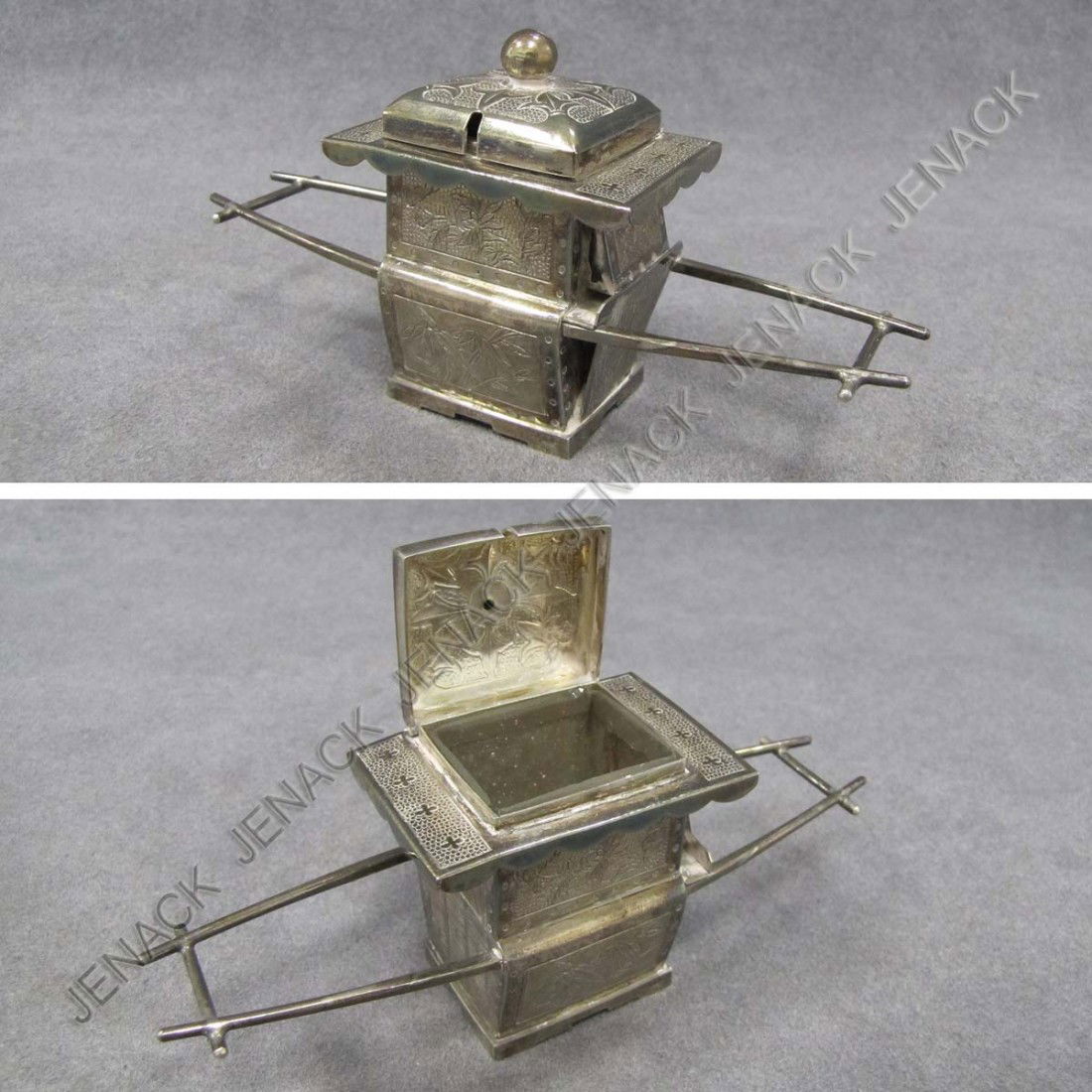 JAPANESE SILVER SEDAN CHAIR SALT WITH LINER: JAPANESE SILVER SEDAN CHAIR SALT WITH LINER. LENGTH 4 3/4"; 1.73 OZT