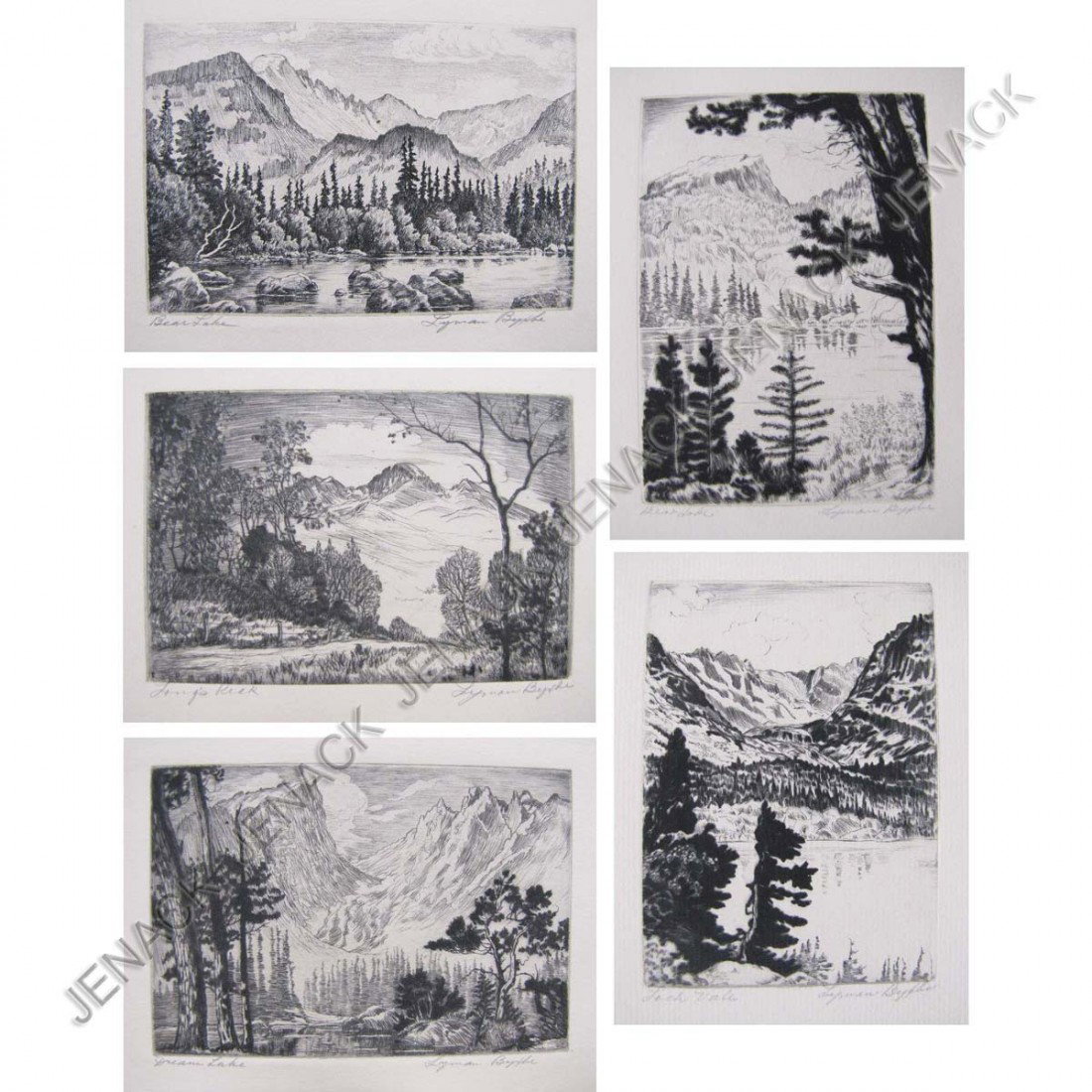 LYMAN BYXBE (AMERICAN 1886-1980), LOT (5) ETCHINGS: LYMAN BYXBE (AMERICAN 1886-1980), LOT (5) ETCHINGS INCLUDING LONG'S PEAK, (2) BEAR LAKE, LOCH VALE & DREAM LAKE, SIGNED AND TITLED. PLATES 3 1/8 X 4 3/4"; SHEETS 8 X 6"