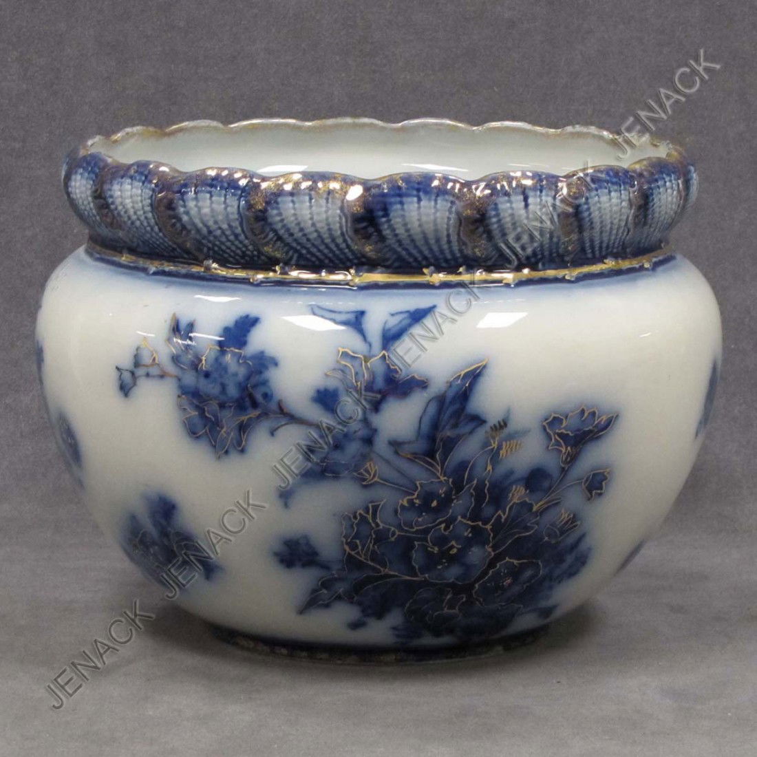 GRIM WADES STOKE-ON-TRENT FLOW BLUE JARDINERE: GRIM WADES STOKE-ON-TRENT FLOW BLUE PORCELAIN JARDINIERE, "PRIMULA" PATTERN. HEIGHT 8"; DIAMETER 11"