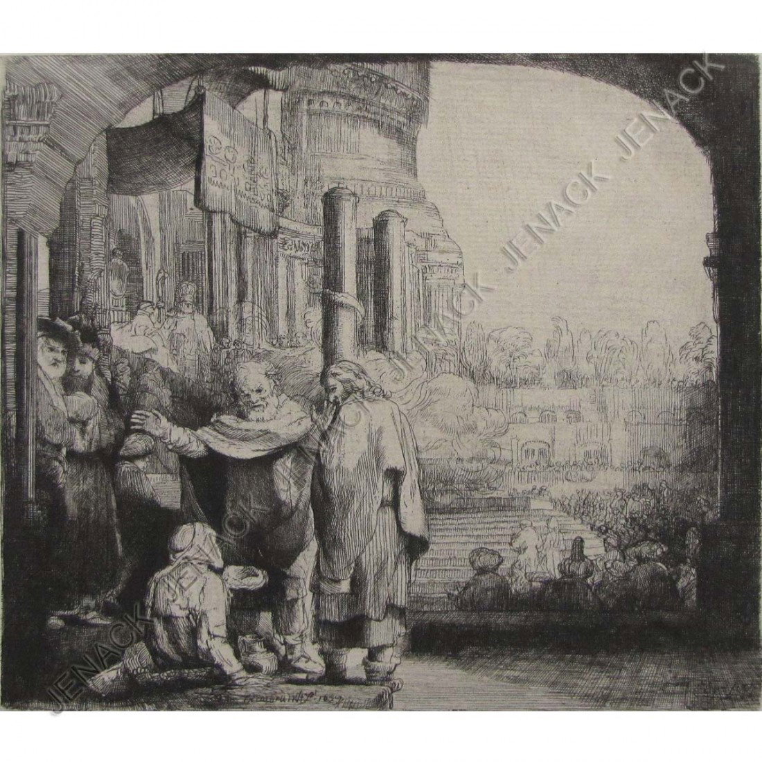 REMBRANDT VAN RIJN (DUTCH 1606-1669), ETCHING: REMBRANDT VAN RIJN (DUTCH 1606-1669), ETCHING, PETER AND JOHN AT THE GATE OF THE TEMPLE, (BARTSCH 94) BEAUMONT IMPRESSION OR LATER. PLATE 7 1/8 X 8 1/2" (TRIMMED TO PLATE)