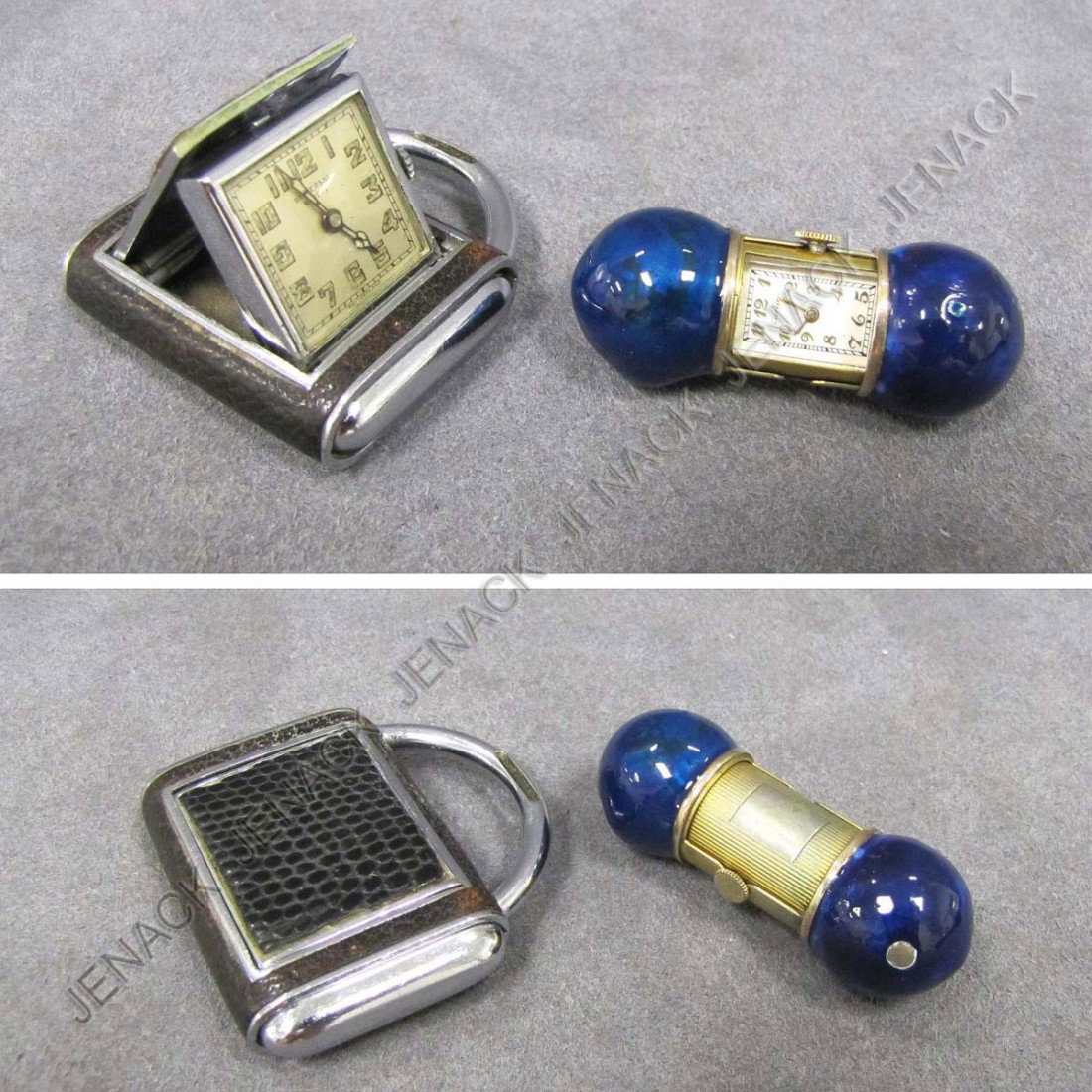 LOT (2) INCLUDING UNIVERSAL GENEVE, PURSE WATCH: LOT (2) INCLUDING VINTAGE UNIVERSAL GENEVE, CHROME 15-JEWEL PURSE WATCH, 1 3/4 X 1 3/4"; CARTIER GILT METAL, ENAMEL, AND MECHANICAL PURSE WATCH, LENGTH 2" (ENAMEL LOSS AND REPAIR) PROVENANCE: SOTHEBY'