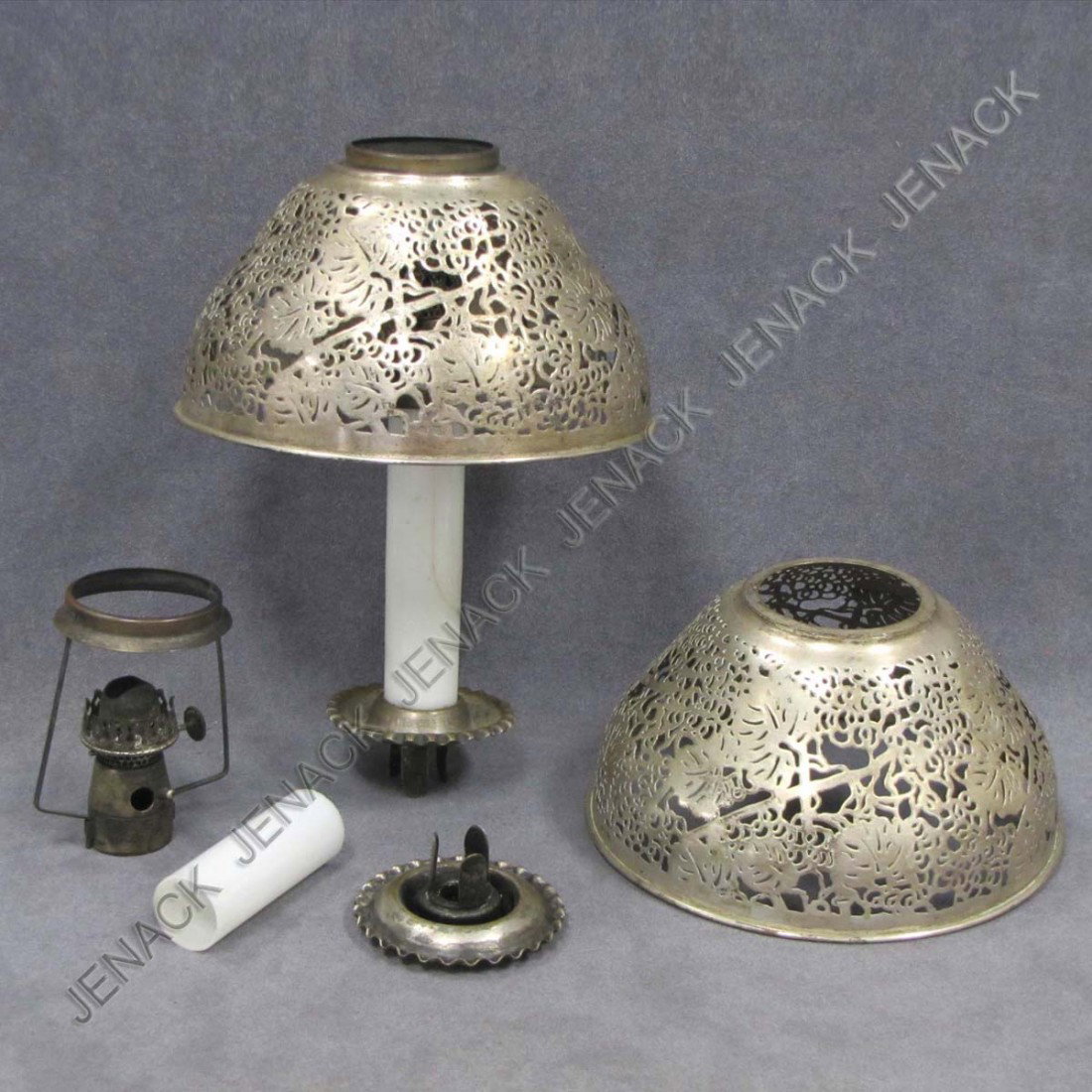 PAIR TIFFANY STUDIOS SILVER PLATE CANDLE LAMPS: PAIR TIFFANY STUDIOS SILVER PLATE CANDLE LAMPS WITH RETICULATED SHADES. HEIGHT SHADE 3" (SHADES SIGNED)