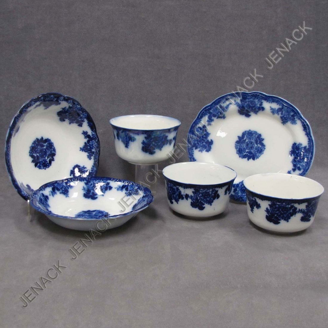 NEW WHARF POTTERY FLOW BLUE DINNER WARE "WALDORF": NEW WHARF POTTERY FLOW BLUE DINNER WARE "WALDORF" PATTERN INCLUDING (3) BOWLS, DIAMETER 5 3/4"; (2 VEGETABLE BOWLS, DIAMETER 9"; (1) OVAL PLATTER, 9 X 10 3/4"