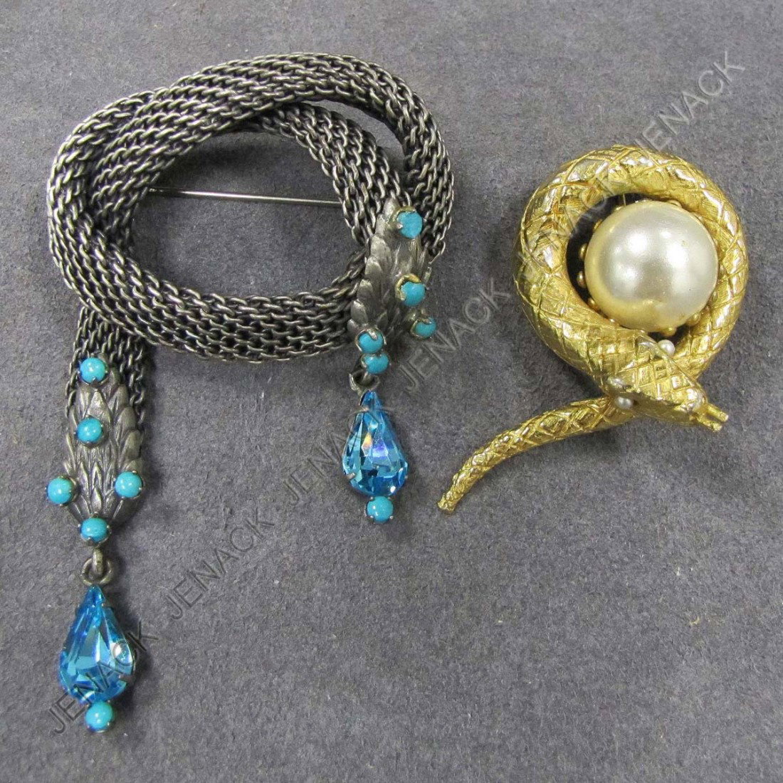 LOT (2) BROOCHES, SIGNED ORIGINAL BY ROBERT : LOT (2) BROOCHES, SIGNED ORIGINAL BY ROBERT INCLUDING GOLD TONE SNAKE FORM WITH FAUX MABE PEARL, 1 X 2"; SILVER MESH WRAPPED AND WITH FAUX TURQUOISE AND BLUE RHINESTONE, 3 1/4 X 1 3/4"