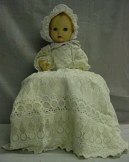 EFFANBEE LATEX BABY DOLL W/SLEEP EYES: EFFANBEE LATEX BABY DOLL WITH SLEEP EYES, DRESSED IN VINTAGE CHRISTENING DRESS WITH BONNET, LONG PINK SLIP & BOOTIES. HEIGHT 20" NOTE: LIGHT DISCOLORATION TO FACE & HANDS