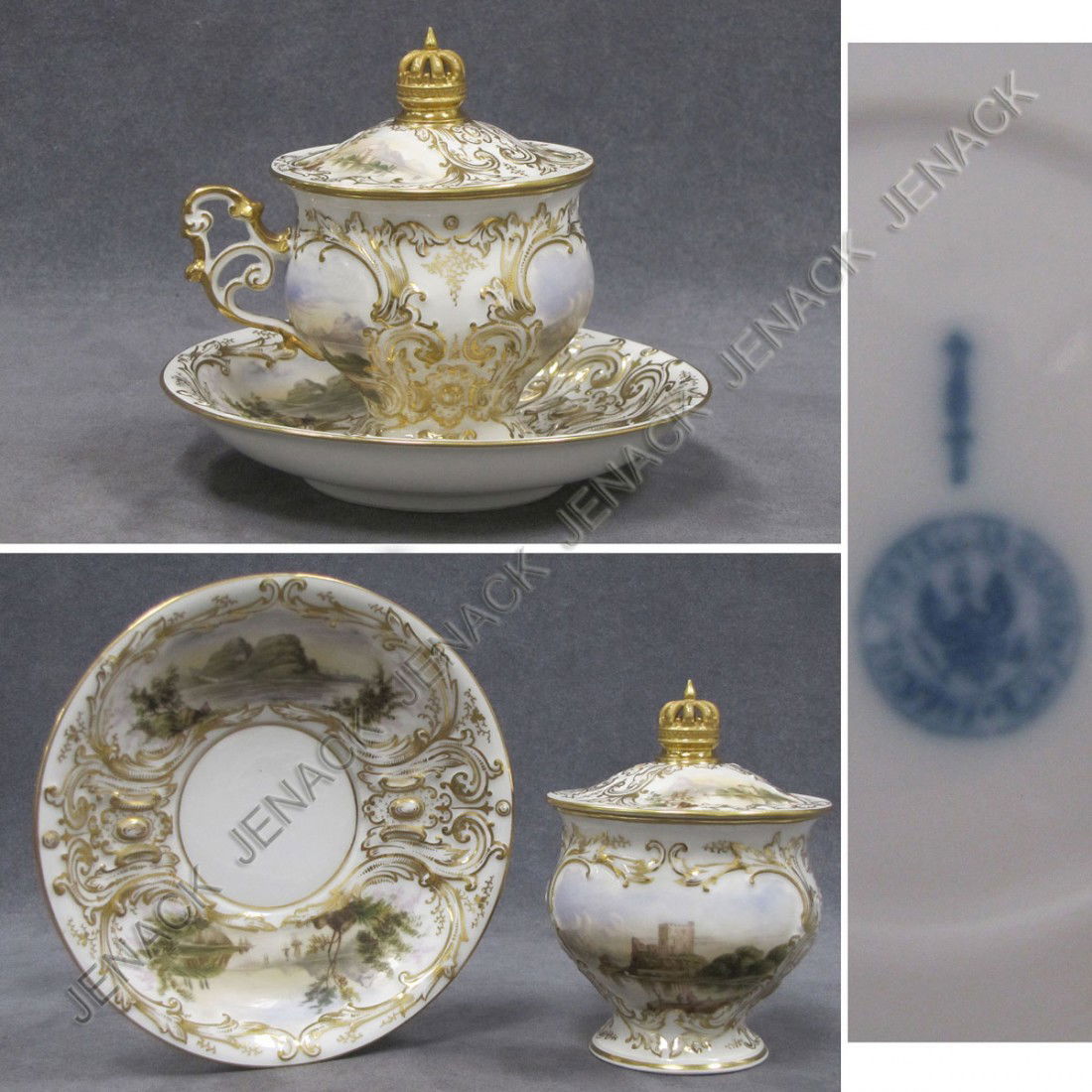 KPM GILT DECORATED PORCELAIN COVERED CUP/SAUCER: KPM GILT DECORATED PORCELAIN COVERED CUP/SAUCER WITH LANDSCAPE RESERVES, SIGNED 19TH CENTURY. HEIGHT 5 1/4"; DIAMETER 6 1/2"