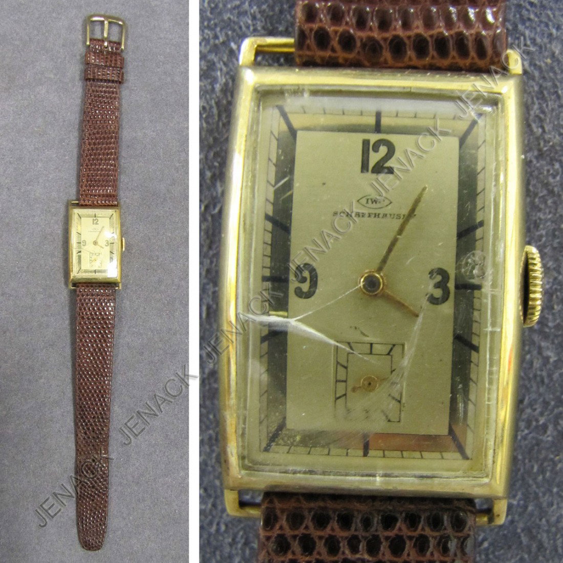 VINTAGE IWC SCHAFFHAUSEN 14K WRISTWATCH: VINTAGE IWC SCHAFFHAUSEN 14K WRISTWATCH (C87) #948830. LENGTH 37MM (CRACKED CRYSTAL)