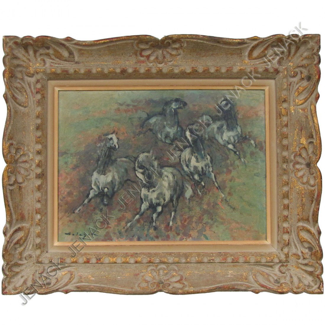 DENES DE HOLESCH (HUNGARIAN/AMERICAN 1910-1983): DENES DE HOLESCH (HUNGARIAN/AMERICAN 1910-1983), OIL ON CANVAS BOARD, WILD HORSES, SIGNED. 12 X 16"; FRAMED 19 X 23"