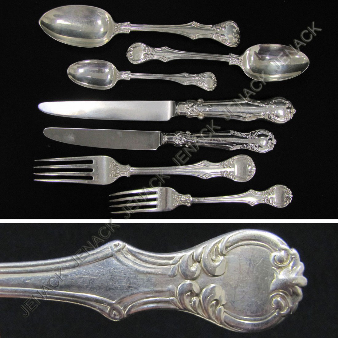 SERVICE (12) GEORGIAN STERLING SILVER FLATWARE: SERVICE (12) GEORGIAN STERLING SILVER FLATWARE (84 PIECES) WITH CHEST, 19TH CENTURY. MAKERS SAMUEL HAYNE & DUDLEY CATER, 1839 TO 1901. (KNIVES 1980) TOTAL WEIGHABLE SILVER 130.0 OZT