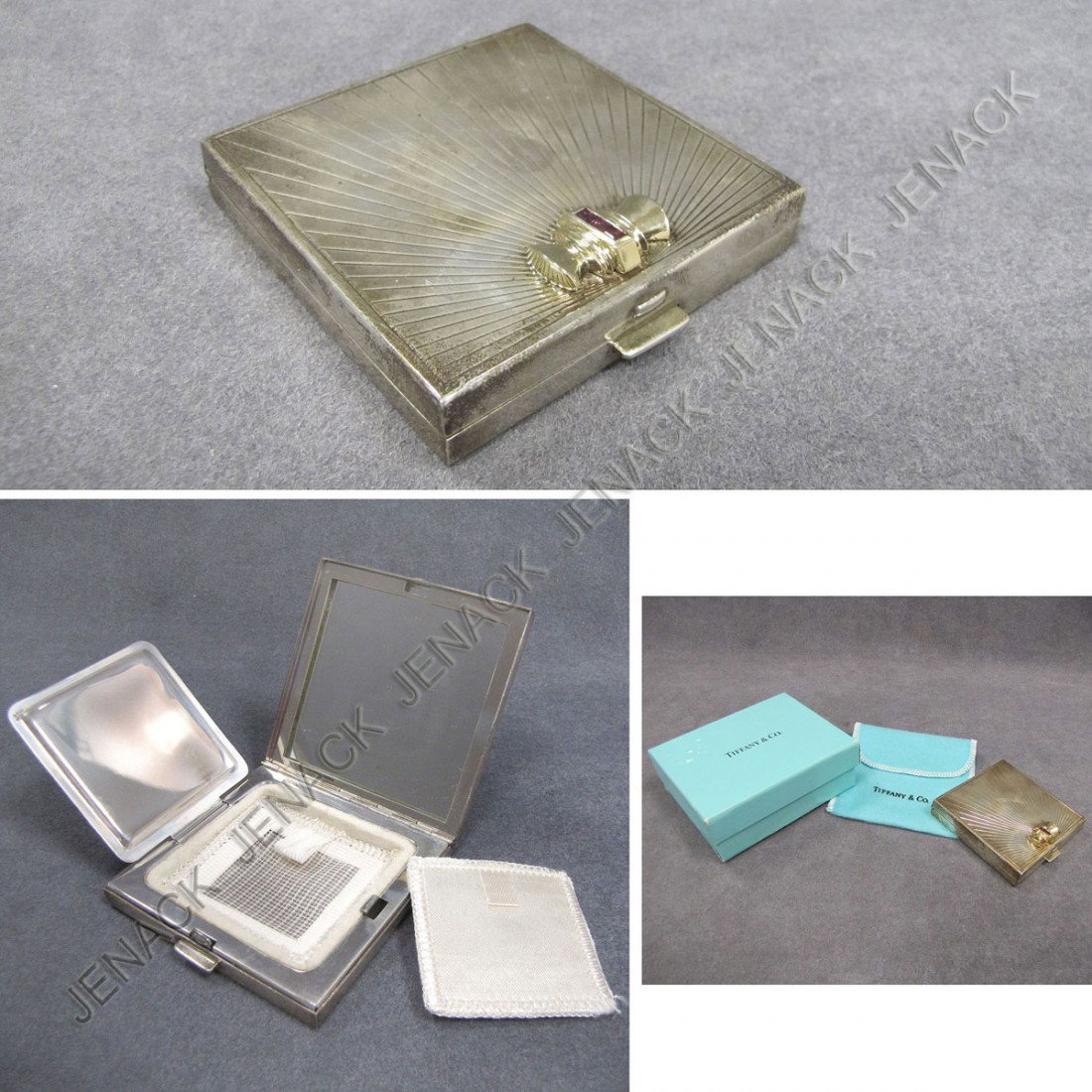 TIFFANY & CO STERLING COMPACT SET WITH GOLD & RUBY: TIFFANY & CO STERLING COMPACT SET WITH GOLD & RUBY ACCENTS, SIGNED. 2 1/2 X 2 1/2"