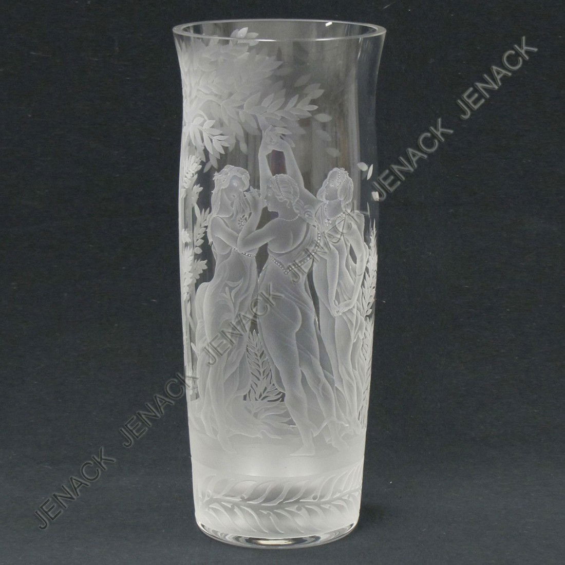 CARVED CRYSTAL VASE, THE THREE GRACES, SIGNED: CARVED CRYSTAL VASE, THE THREE GRACES, SIGNED INGRID. HEIGHT 12"