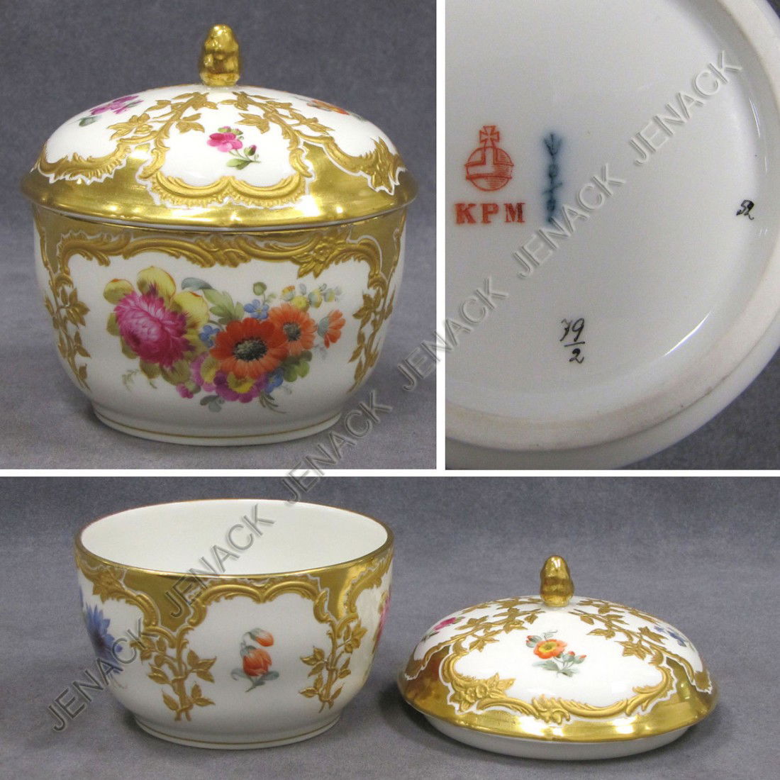 KPM GILT DECORATED PORCELAIN COVERED SUGAR BOWL: KPM GILT DECORATED PORCELAIN COVERED SUGAR BOWL, SIGNED, 19TH CENTURY. HEIGHT 5"; DIAMETER 4 3/8"