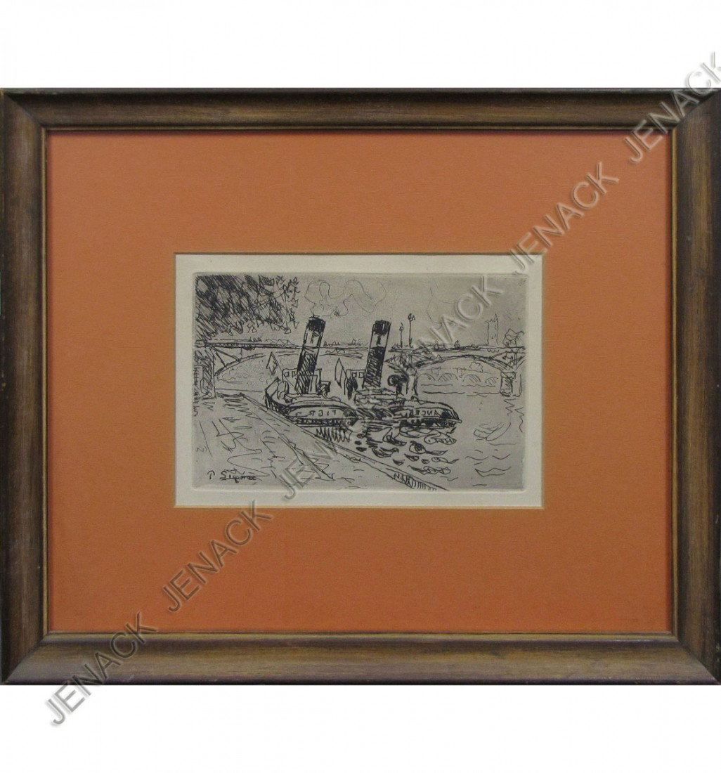 PAUL SIGNAC (FRENCH 1863-1935), ETCHING: PAUL SIGNAC (FRENCH 1863-1935), ETCHING, "PARIS: LE PONT DES ARTS AVE REMORQUEURS" (KORNFELD 24), SIGNED (IN PLATE) C.1927. PLATE 5 X 7 1/2"; FRAMED AND GLAZED-13 1/2 X 16"