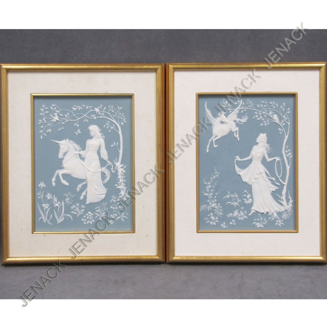 LOT (2) PARIAN PANELS INCLUDING ATHENA AND PEGASUS: LOT (2) PARIAN PANELS INCLUDING ATHENA AND PEGASUS AND THE LADY AND THE UNICORN, BY GEORGE MCMONIGLE. FRAMED 17 1/2 X 14 1/2"