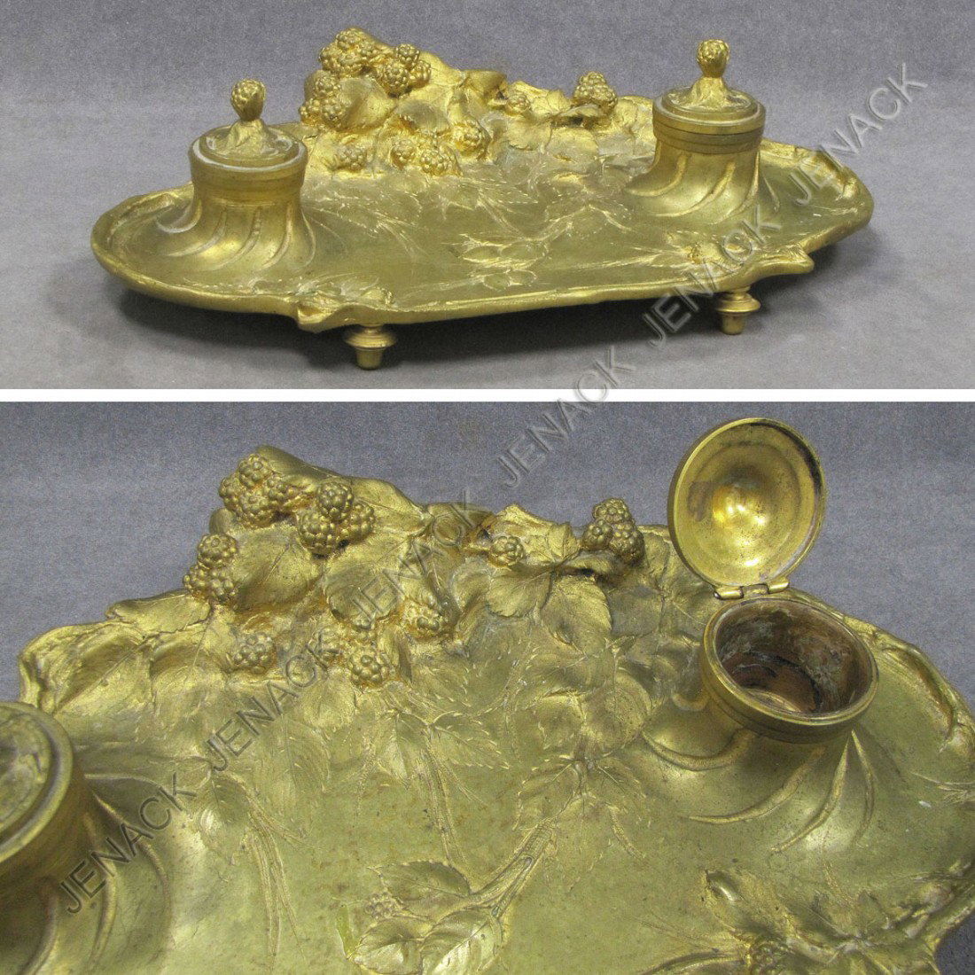 A. MARIONNET (FRENCH 19/20TH CENTURY) INK STAND: A. MARIONNET (FRENCH 19/20TH CENTURY), GILT BRONZE INK/WRITING STAND, SIGNED. LENGTH 12 1/2"
