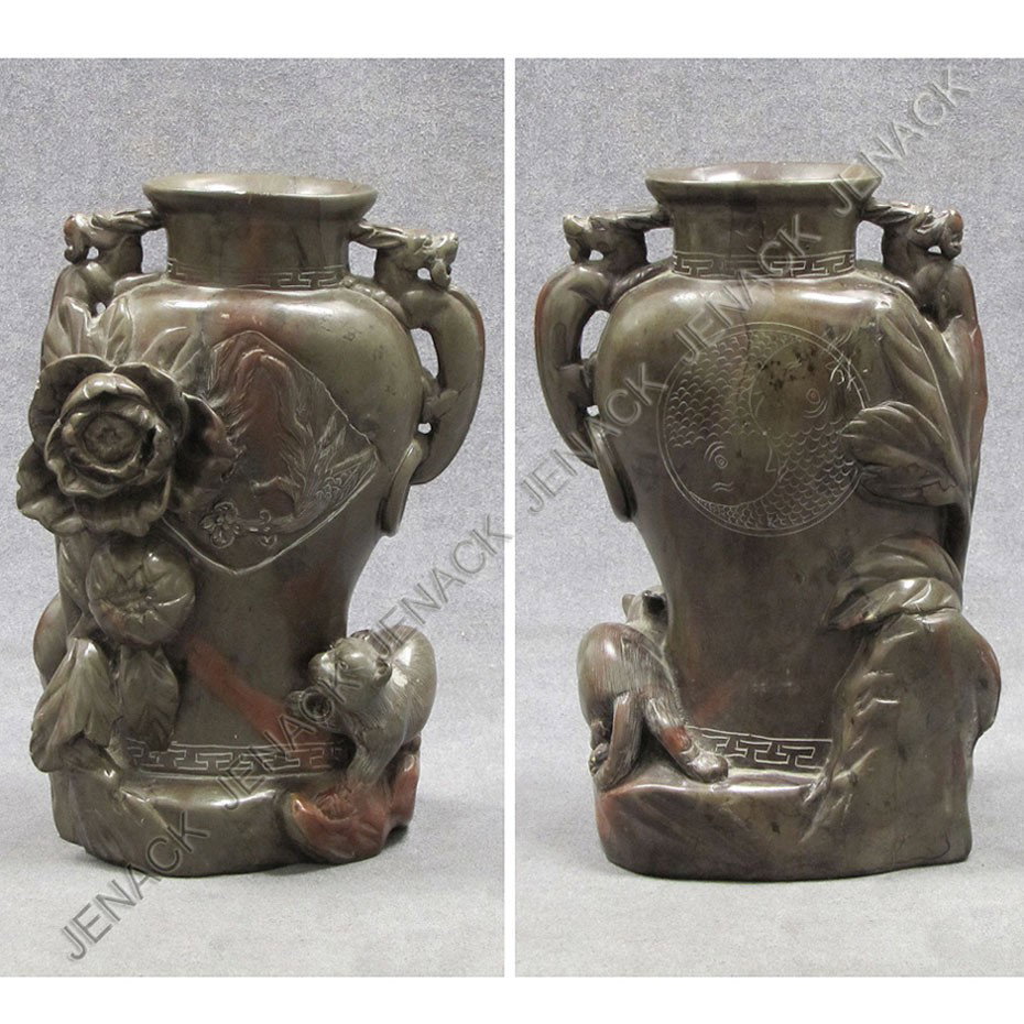 CHINESE CARVED SOAPSTONE VASE: CHINESE CARVED SOAPSTONE VASE WITH FLOWERS AND ANIMALS. HEIGHT 8"